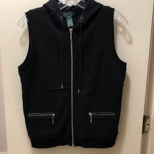 Lauren Ralph Lauren black cotton knit hoodie vest with leather trim in size P/P.